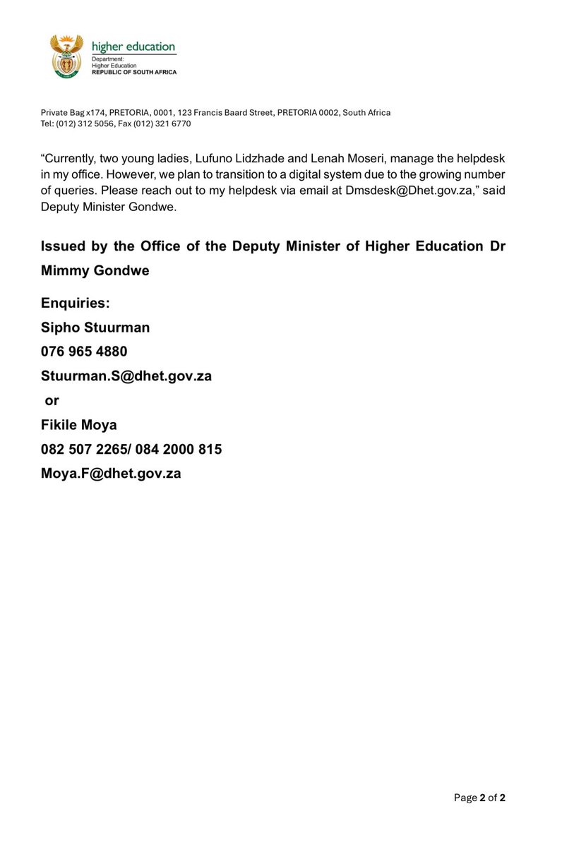 [MEDIA STATEMENT] Deputy Minister Dr Mimmy Gondwe's Helpdesk addresses over 20 000 student queries.  <a href="/HigherEduGovZA/">HigherEducationZA</a>