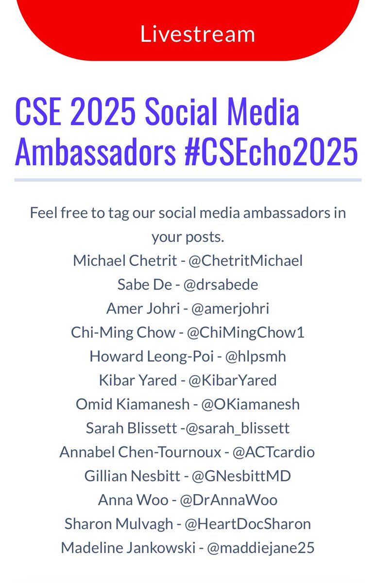 Sharon Mulvagh MD FRCPC FASE FACC (@heartdocsharon) on Twitter photo CSE 2025 - Virtual 2025.cseweekend.ca
And #CSEcho2025 is underway!! Be sure to follow our <a href="/CSEchoCa/">Canadian Society of Echocardiography</a> #SoMe Ambassadors! CSE 2025 - Virtual 2025.cseweekend.ca
And #CSEcho2025 is underway!! Be sure to follow our <a href="/CSEchoCa/">Canadian Society of Echocardiography</a> #SoMe Ambassadors!