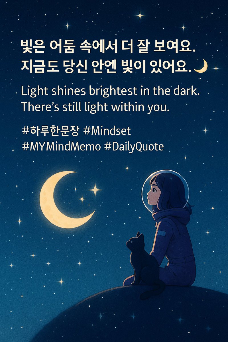 🌙✨ 빛은 어둠 속에서 더 잘 보여요.
지금도 당신 안엔 분명히 빛이 있어요.

#하루한문장 #마인드셋 #MyMindMemo #감성글쓰기