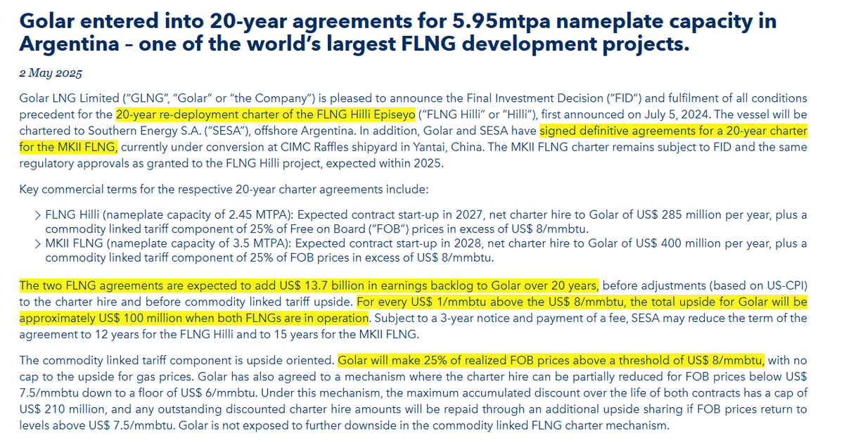siyul's tweet image. $GLNG

⚡️BAM - YPF's "🇦🇷LNG1" goes to Golar's Hilli and MKII, 6Mtpa total, it is official now. 

$685Mn combined annual net, 25% commodity upside if TTF&amp;gt;$8/mmbtu (each $1/mmbtu ~= $100Mn). At ~$10.5/mmbtu today, extra $250Mn/year.

"Under the Hood" first discussed this re-rating…