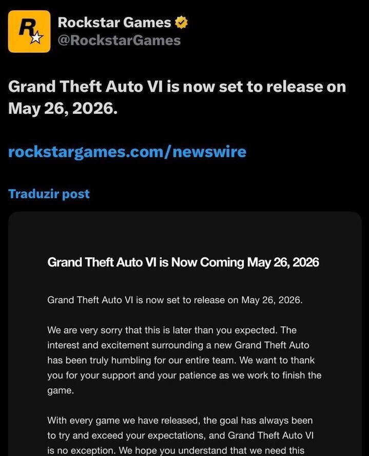 🚨 Agora é real oficial: GTA 6 foi adiado para 26 de maio de 2026.

A Rockstar soltou a bomba em comunicado oficial e saiu correndo. Ao menos, agora temos uma data. 🎮

#SBTGames #GTA6