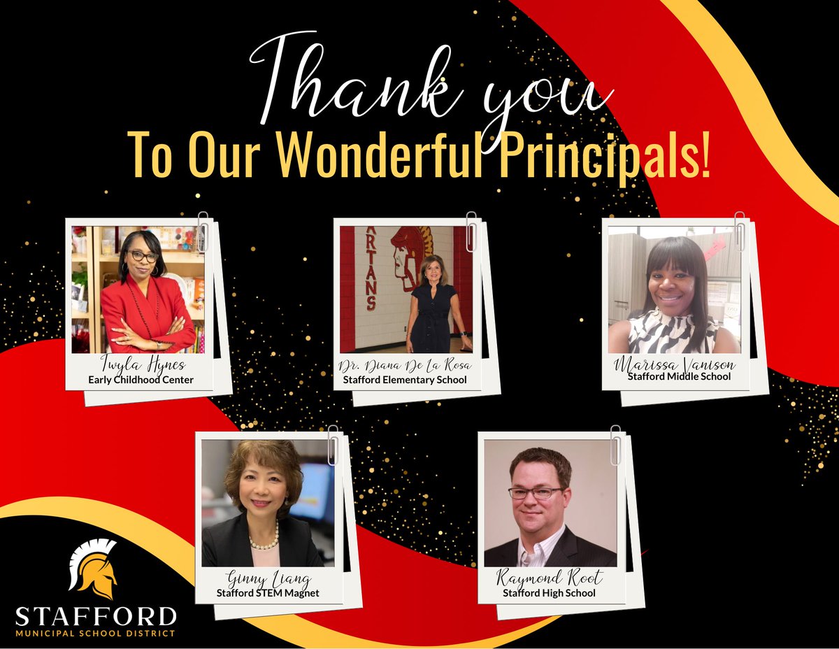 StaffordMSD's tweet image. We celebrate our incredible SMSD principals who lead with heart, vision, and dedication every single day. Thank you for inspiring excellence and supporting our students, staff, and school communities. We appreciate you! ❤️💛 #SMSDProud #PrincipalAppreciationDay