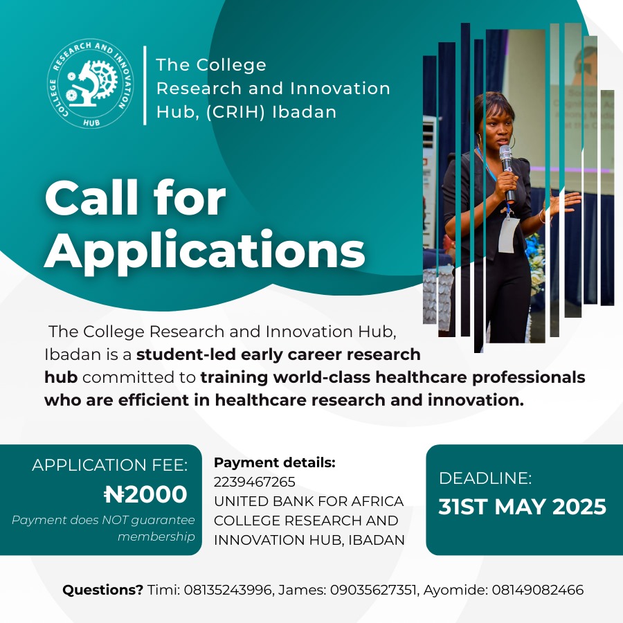 Are you passionate about healthcare research and innovation?

Application into CRIH Has Started!

The College Research and Innovation Hub (CRIH), Ibadan is now accepting applications from passionate and driven students eager to become world-class healthcare professionals