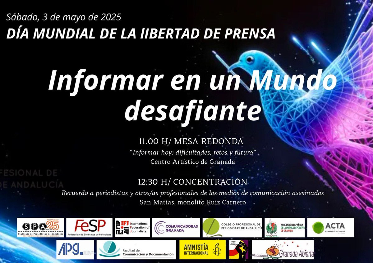Gracias al <a href="/SPA_Periodistas/">Sindicato de Periodistas de Andalucía (SPA)</a> por invitarnos a estar a vuestro lado en la jornada que se desarrollará mañana en Granada, en el día Mundial de Libertad de Prensa.
Será un privilegio aportar nuestro granito de arena.
Si tenéis un hueco en vuestras agenda, no faltéis, será interesante