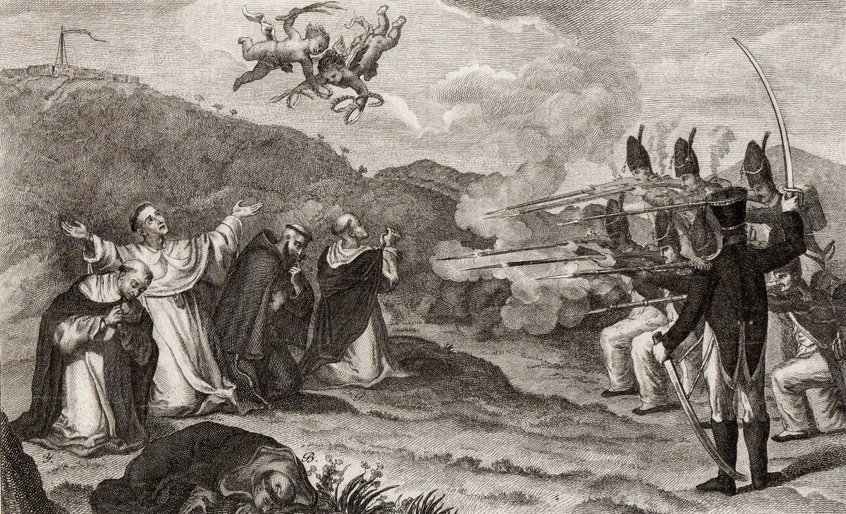 ¿Conocías este grabado? ¿Te recuerda a algo?

Esta estampa de Miguel Gamborino de 1813 reproduce un dibujo del fusilamiento de cinco dominicos por los Franceses en Sagunto, el día 18 de enero de 1812, durante la Guerra de Independencia.