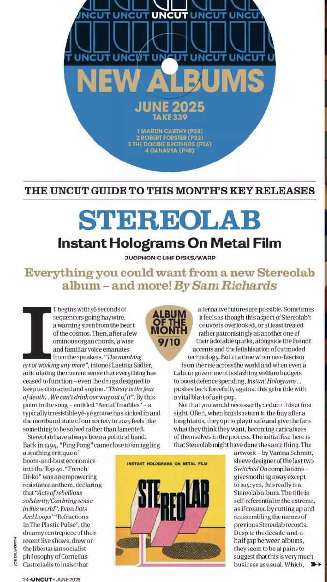 Stereolab (@stereolabgroop) on Twitter photo 0 to 9 in 25 years and 7 months.
From the 'classic' 0/10 NME review in September 1999 to the current 9/10 review from Uncut.
Try to purchase a copy of <a href="/uncutmagazine/">Uncut Magazine</a> to read the full 4-page Album of the Month review and support the physical press 0 to 9 in 25 years and 7 months.
From the 'classic' 0/10 NME review in September 1999 to the current 9/10 review from Uncut.
Try to purchase a copy of <a href="/uncutmagazine/">Uncut Magazine</a> to read the full 4-page Album of the Month review and support the physical press