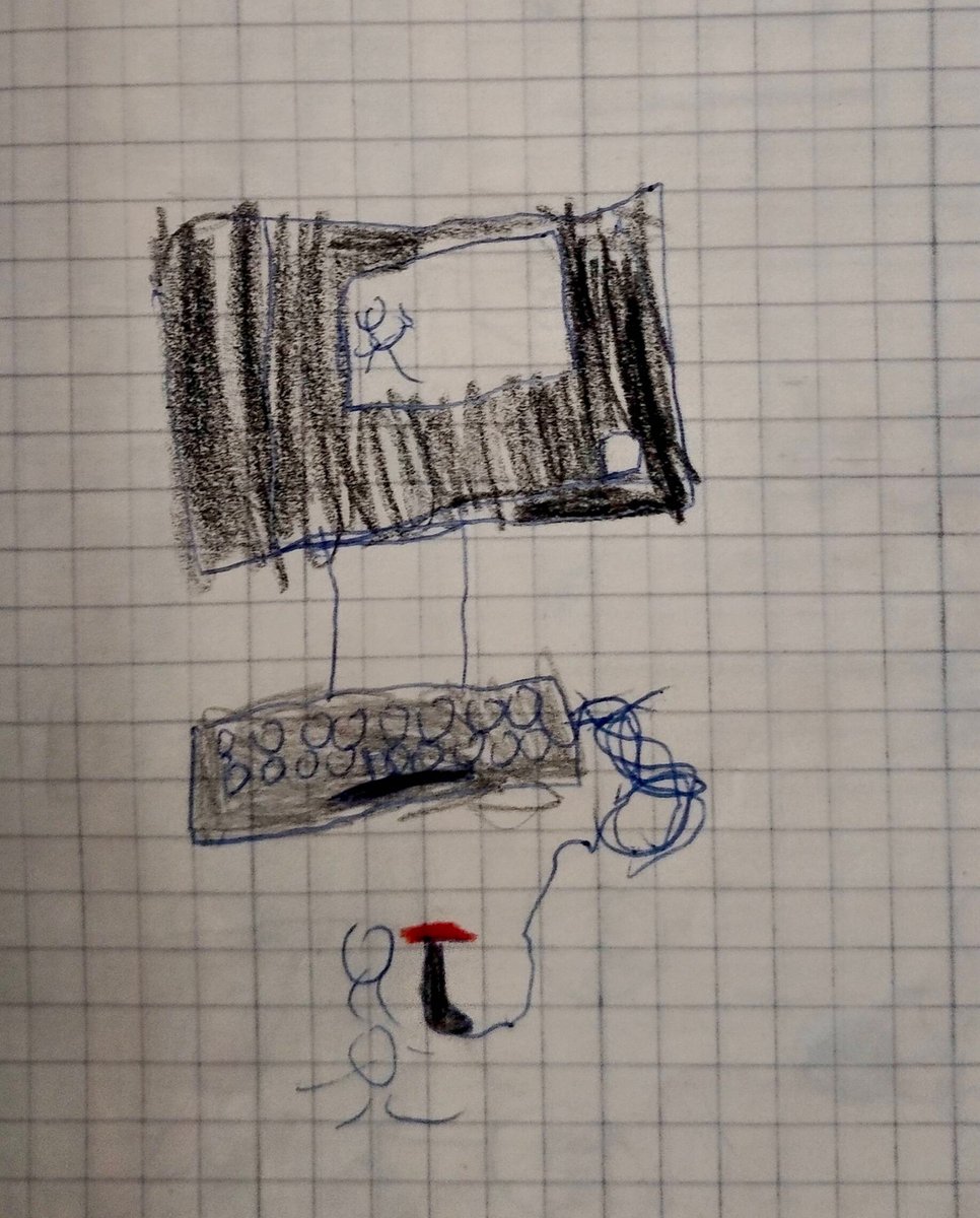 Note how the four year old artist not only drew a well proportionate  joystick (for their age) but also how you can easily recognize it as a  Quickshot with a very tangled wire that goes to the C64.