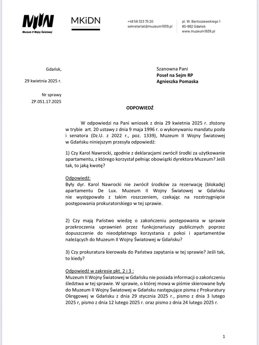 pomaska's tweet photo. Wydłuża się lista kłamstw Karola Nawrockiego⤵️
❌22.01 zadeklarował, że odda pieniądze za apartament DeLuxe przy Muzeum II WŚ. Po 100 dniach Muzeum potwierdza, że pieniądze nie wpłynęły. Komercyjny wynajem kosztowałby 120 tys.zł
❌podczas debaty deklaruje, że posiada 1 mieszkanie. Dziennikarze ustalają, że ma ich 2
❌Rzeczniczka Nawrockiego tłumaczy, że „informacje o mieszkaniach zawierał od lat w oświadczeniach majątkowych”. Oświadczenia Nawrockiego są tajne. 
Wzywamy Nawrockiego do⤵️
❎opublikowania wszystkich oświadczeń majątkowych 
❎wytłumaczenia z jakiego powodu utajnił fakt posiadania drugiego mieszkania