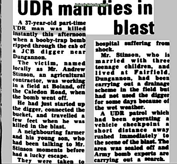 Hannyhas's tweet photo. #Remembered 4/6/1983, Andrew Ferguson Stinson, 35, married father of 3, Farm contractor/off duty UDR, murdered by INLA bomb on his digger, Boland, Caledon Rd, Dungannon. His son &amp; a man were nearby. "Somebody Andy Stinson looked on as a neighbour helped arrange his murder." #OTD https://t.co/auOhqbhMmJ