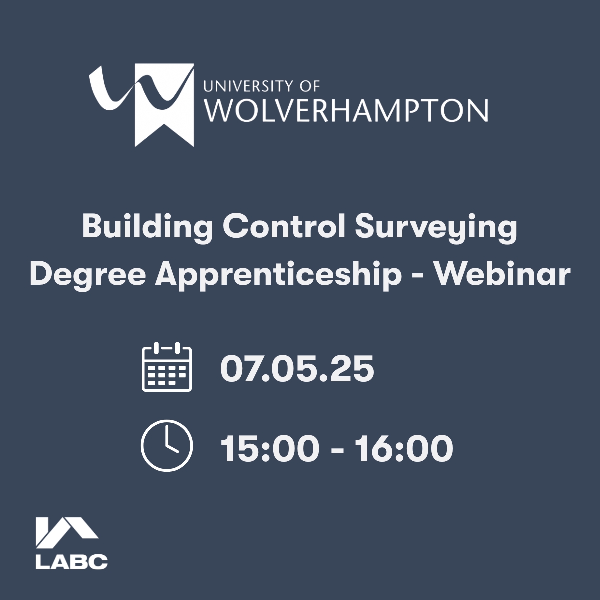 The University of Wolverhampton invites you to join an upcoming webinar on Wednesday 7 May 2025 from 15:00 - 16:00, focused on Building Control Surveying Degree Apprentices.
 
Don’t miss the chance to learn more and ask questions! ow.ly/wkRY50VLW4T