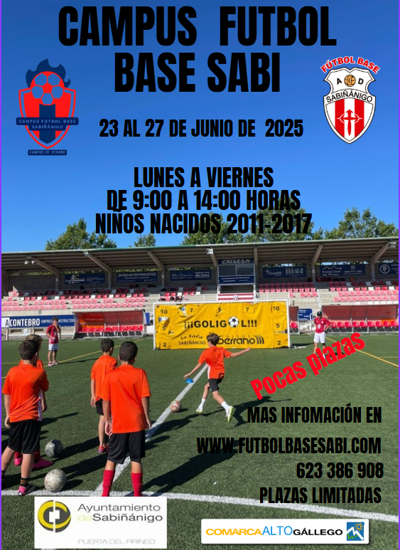 Hola:
Poco a poco vamos completando las plazas para el Campus de Fútbol del Fútbol Base A.D. Sabiñánigo y ya nos quedan pocas.
Del 23 al 27 de junio en un marco incomparable, con monitores formados UEFA y un ambiente estupendo.
+ info: futbolbasesabi.com/campus-fbs/cam…
¡Aúpa el Sabi!