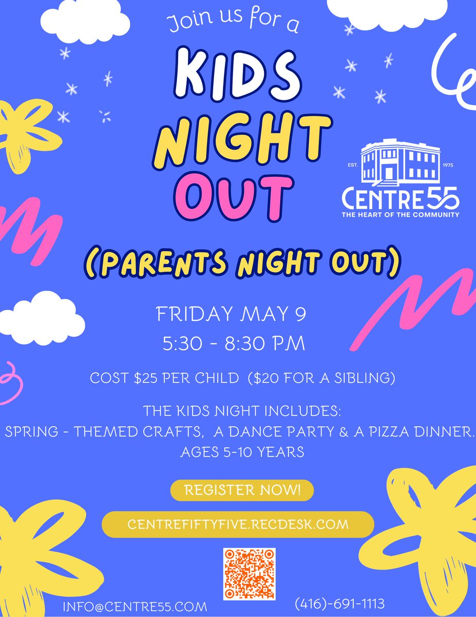 The countdown is on, only one week away until Kids Night Out! 
Crafts, Activities, a Pizza Dinner &amp; more fun.
Register Now: centrefiftyfive.recdesk.com

#TorontoKids #KidsNight #Centre55