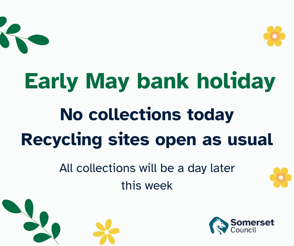 ♻️No recycling or rubbish collections today.
📅All collections due on a Monday will be collected tomorrow instead.
✅Recycling sites will be open as usual.
To check your collection day visit our website: somerset.gov.uk/collection-days