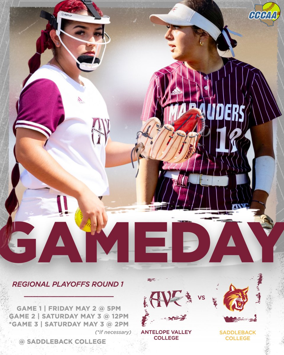 GAMEDAY! 🥎 Marauder Softball begins 3C2A Regional Playoffs today at Saddleback College. Game 1 of the 3-game series starts at 5:00 pm. Game 2 is tomorrow, 5/3, at 12:00 pm, followed by Game 3 at 2:00 pm if necessary. Go Marauders! ⚔️

Live Stats at: gomarauders.avc.edu