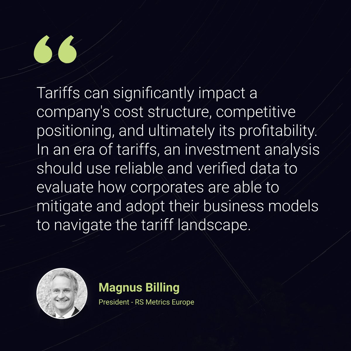 In our new blog, Magnus Billing, Malcolm Harris, and Rashmi Bomiriya, PhD, dive into how companies can navigate tariffs. RS Metrics can help companies stay ahead by monitoring production and exposure to different risks and opportunities.

Explore more at: bit.ly/42FAUNF
