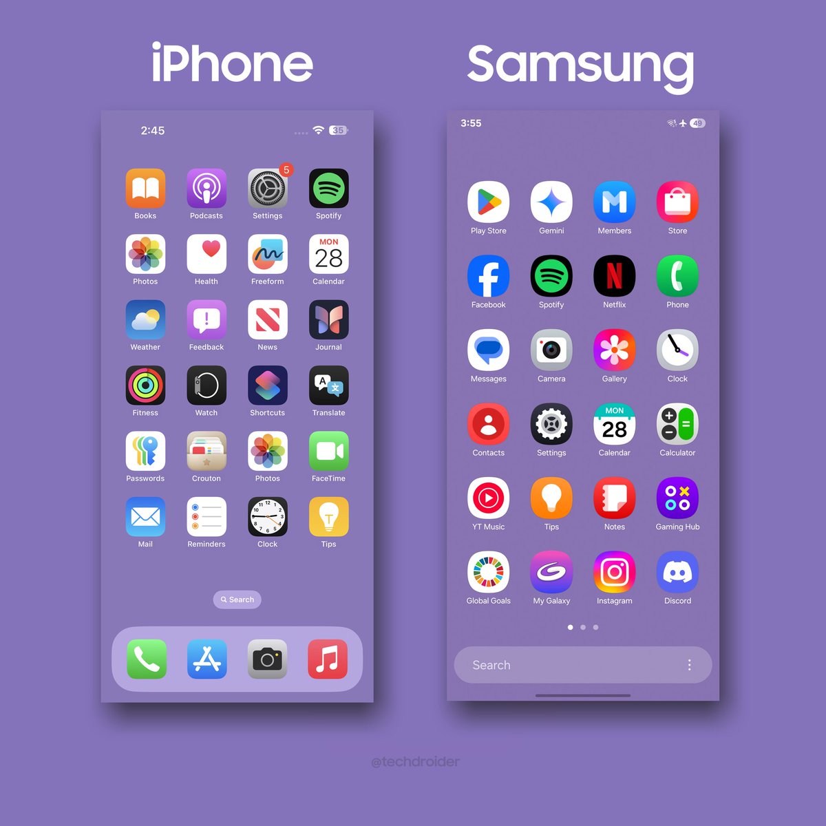 techdroider's tweet image. iOS 18 vs Samsung OneUI 7 - Icons 

Who Did It Better?
