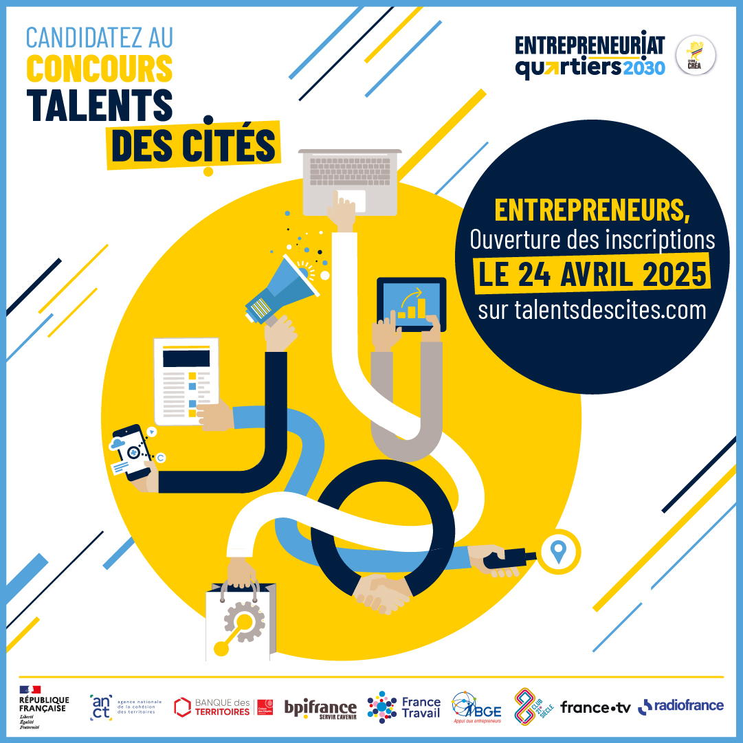 Tu résides ou tu as installé ton entreprise dans un quartier prioritaire ?
Alors le concours Talents des Cités est fait pour toi !

À la clé, visibilité, soutiens et de nombreuses récompenses !

Si tu veux en savoir plus 👉 bit.ly/4k05KpW

📅 Candidate jusqu'au 30 juin !