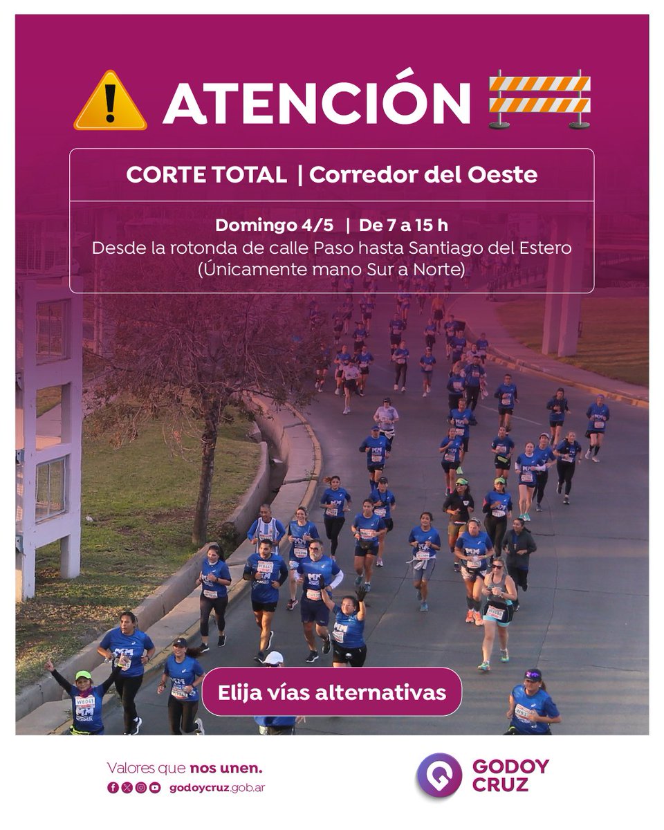 MuniGodoyCruz's tweet photo. 🏃🏻 Te informamos que este domingo 4/5 se realizará la Maratón Internacional de Mendoza. Por lo tanto, habrá corte total en el Corredor del Oeste, de 7 a 15 hs. 
👉 El corte se realizará sólo en dirección sur - norte, desde la rotonda de calle Paso hasta Santiago del Estero, Godoy Cruz.
🚘 Te sugerimos elegir vías alternativas.