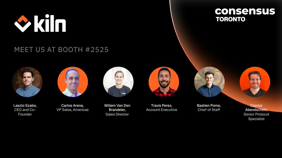 Kiln_finance's tweet photo. @laszlo__szabo, @x_poussin, @CarlosA75428252, @BlockchainWilly, Travis Perez, and @Crypto_Condor will be at @CoinDesk's  @consensus2025 Toronto!

If you want to discuss DeFi, staking and restaking, you can find the team on booth 2525. Make sure to reach out! https://t.co/VDAYS44emT
