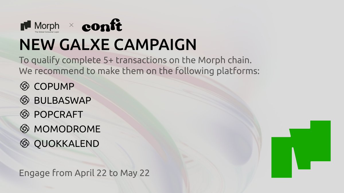 🔥 Embark on the <a href="/MorphLayer/">Morph</a>  Quest!
Earn the exclusive “Morph Explorer Badge” + a Mystery Box from @CoNFT_ 

 Just complete 5+ transactions via Morph Blockchain on:
• <a href="/coPumpXYZ/">coPump.xyz</a> 
• <a href="/PopCraftOnChain/">PopCraft</a> 
• <a href="/BulbaSwap/">BulbaSwap</a> 
• <a href="/momodrome_io/">Momodrome</a> 
• <a href="/QuokkaLend/">Quokka Lend ₍ᐢ•ﻌ•ᐢ₎</a> 

✅ Mystery Boxes drop after