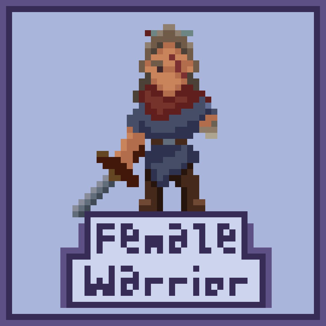 Yahlir's tweet photo. Not the most traditionally feminine, but I like how she turned out — rough, weathered, and wounded.
Second image: Blue Flame + alternate armor look.

#Warrior #PixelArt #CharacterDesign #PixelDailies #ドット絵 https://t.co/hG7eGcew01