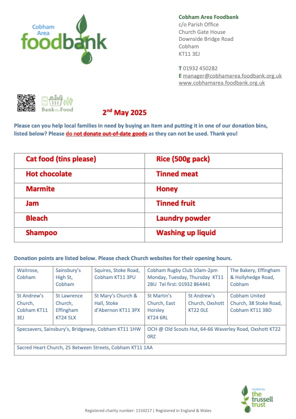A huge thank you to our wonderful community for supporting our collection outside Waitrose in Cobham last Saturday. We do still have a few gaps on our warehouse shelves, (updated list here). If you can donate any of these here  cobhamarea.foodbank.org.uk/give-help/dona… we'd really appreciate it.