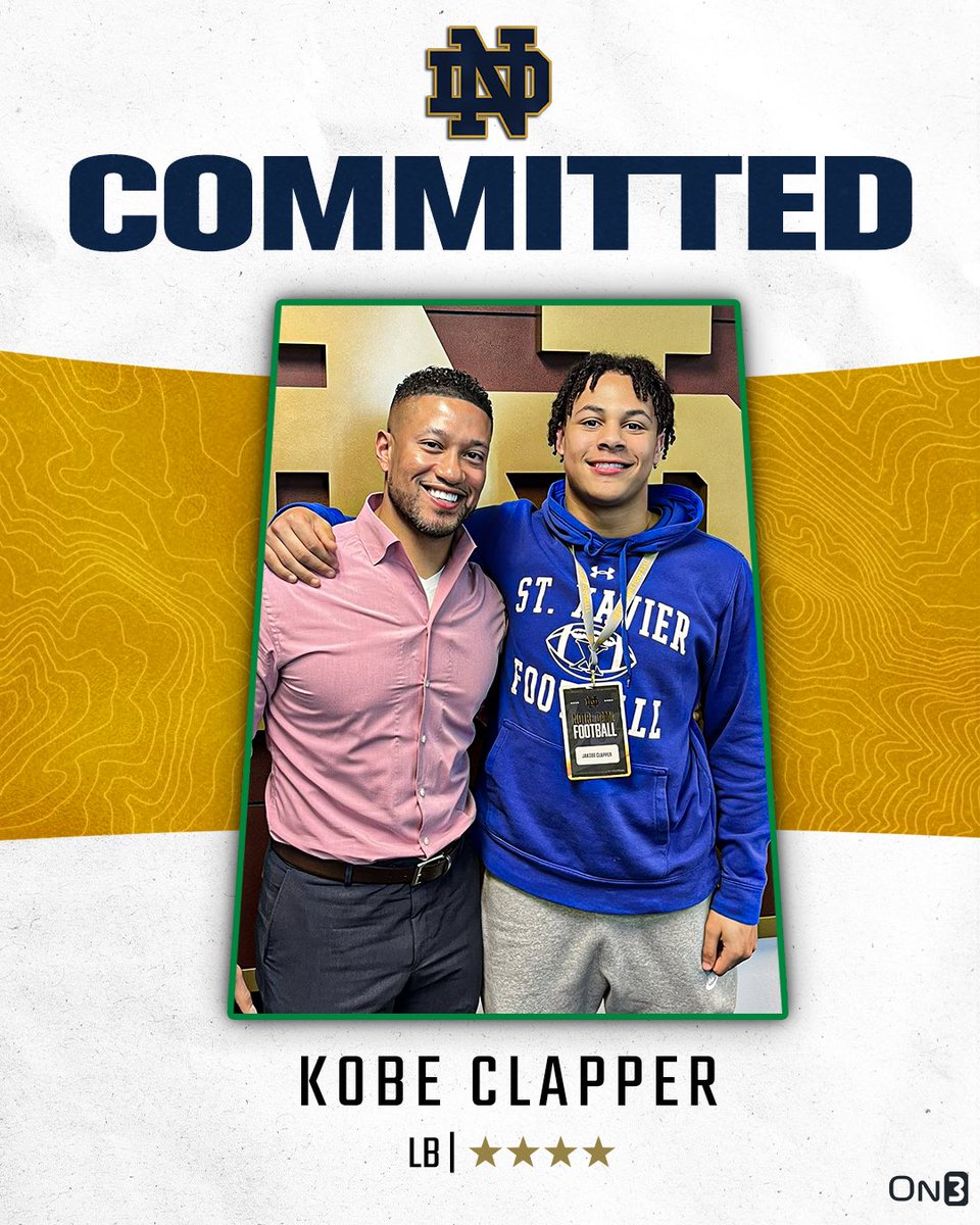 On3 Recruits (@on3recruits) on Twitter photo 🚨BREAKING🚨 4-star LB Kobe Clapper has committed to Notre Dame, <a href="/Hayesfawcett3/">Hayes Fawcett</a> reports☘️
on3.com/db/kobe-clappe… 🚨BREAKING🚨 4-star LB Kobe Clapper has committed to Notre Dame, <a href="/Hayesfawcett3/">Hayes Fawcett</a> reports☘️
on3.com/db/kobe-clappe…