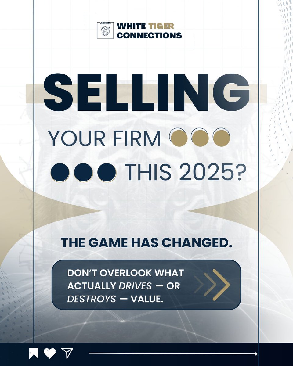 WhiteTiger_Inc's tweet image. Build the firm you want to buy. Talk to us about how.

#AccountingM&amp;amp;A #FirmValuation #ScalableOperations #SellYourFirm