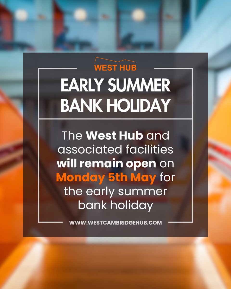 🌞 Open this Bank Holiday! 🌞

West Hub will be open as usual on Monday 5 May for the Early Summer Bank Holiday. Whether you’re catching up on work, meeting friends, or just need a quiet space to unwind — we’re here for you.

📚 Workspace
☕ Café
🛋️ Social spaces
See you at the