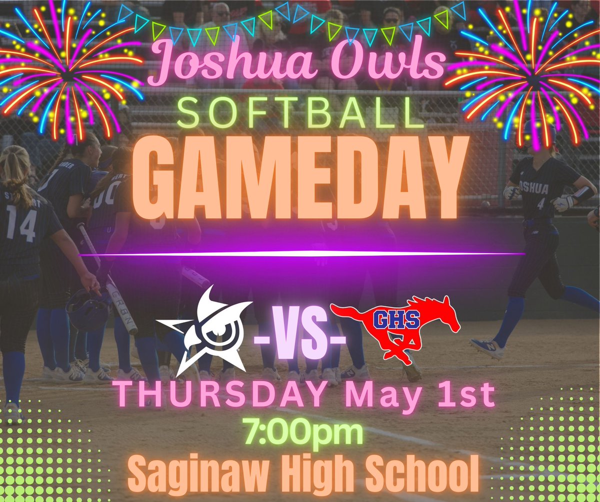 🚨GAME DAY🚨

🥎 Lady Owls Softball 🥎

🆚 Grapevine
📍Saginaw
🗓️5/1
⌚️ 7:00
 ⭐️⭐️NEON⭐️⭐️