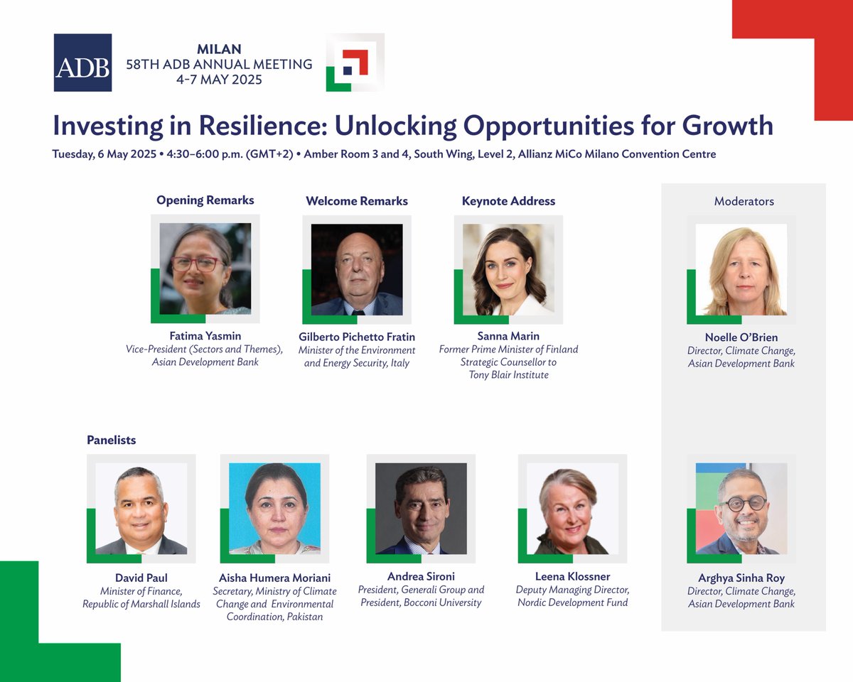 Join government officials, financial and insurance institutions, policy advisors, and ADB experts at ADB’s Annual Meeting in Milan as they explore how resilience can drive growth and why it must be integrated into development and financing strategies: adb.org/annual-meeting…