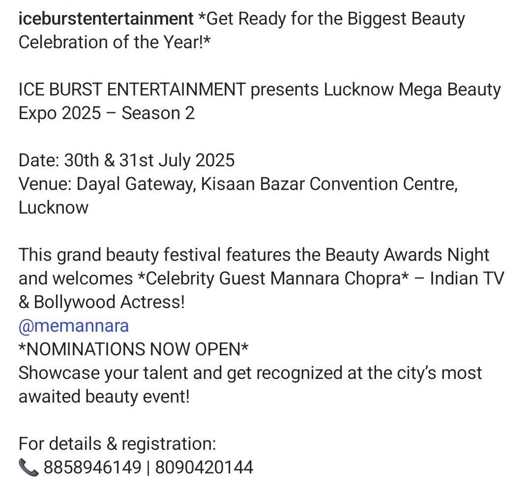 Mannara's Official FC (@mannaracofc) on Twitter photo Get ready for Lucknow's biggest beauty celebration.
Ice Burst Entertainment presents Mega Beauty Expo 2025 on July 30 & 31, with Celebrity guest Mannara Chopra.
#MannaraChopra #Mannarians #MannaraKiTribe # <a href="/memannara/">Mannara Chopra</a> Get ready for Lucknow's biggest beauty celebration.
Ice Burst Entertainment presents Mega Beauty Expo 2025 on July 30 & 31, with Celebrity guest Mannara Chopra.
#MannaraChopra #Mannarians #MannaraKiTribe # <a href="/memannara/">Mannara Chopra</a>