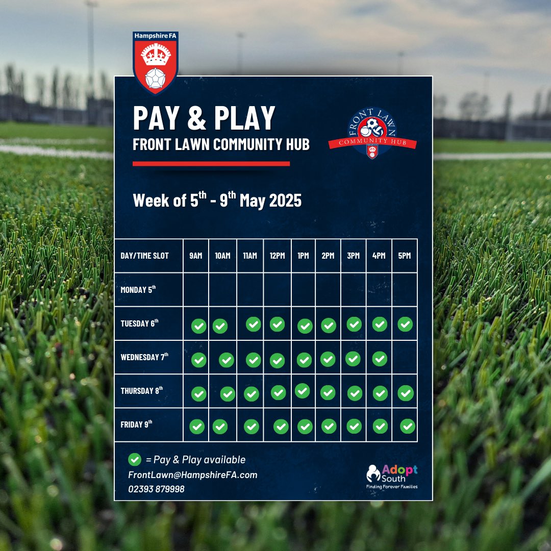 Front Lawn Community Hub (@frontlawnhfa) on Twitter photo Pay & Play Available!⚽️
📅 May 5th - 9th 2025
📍<a href="/FrontLawnHFA/">Front Lawn Community Hub</a>
🕰️ Times below
💰 £3 Per Player
➡️ No booking required
📧 FrontLawn<a href="/HampshireFA/">Hampshire FA</a>.com
@HampshireFA <a href="/HavantBorough/">Havant Borough Council</a> <a href="/PompeyNewsNow/">PompeyNewsNow🎙PO4cast</a> <a href="/portsmouthnews/">The News, Portsmouth</a> <a href="/portsmouthsport/">Portsmouth Sport</a> <a href="/MattHillHFA/">Matt Hill</a> <a href="/hwyfc/">Havant & Waterlooville Youth FC</a> Pay & Play Available!⚽️
📅 May 5th - 9th 2025
📍<a href="/FrontLawnHFA/">Front Lawn Community Hub</a>
🕰️ Times below
💰 £3 Per Player
➡️ No booking required
📧 FrontLawn<a href="/HampshireFA/">Hampshire FA</a>.com
@HampshireFA <a href="/HavantBorough/">Havant Borough Council</a> <a href="/PompeyNewsNow/">PompeyNewsNow🎙PO4cast</a> <a href="/portsmouthnews/">The News, Portsmouth</a> <a href="/portsmouthsport/">Portsmouth Sport</a> <a href="/MattHillHFA/">Matt Hill</a> <a href="/hwyfc/">Havant & Waterlooville Youth FC</a>