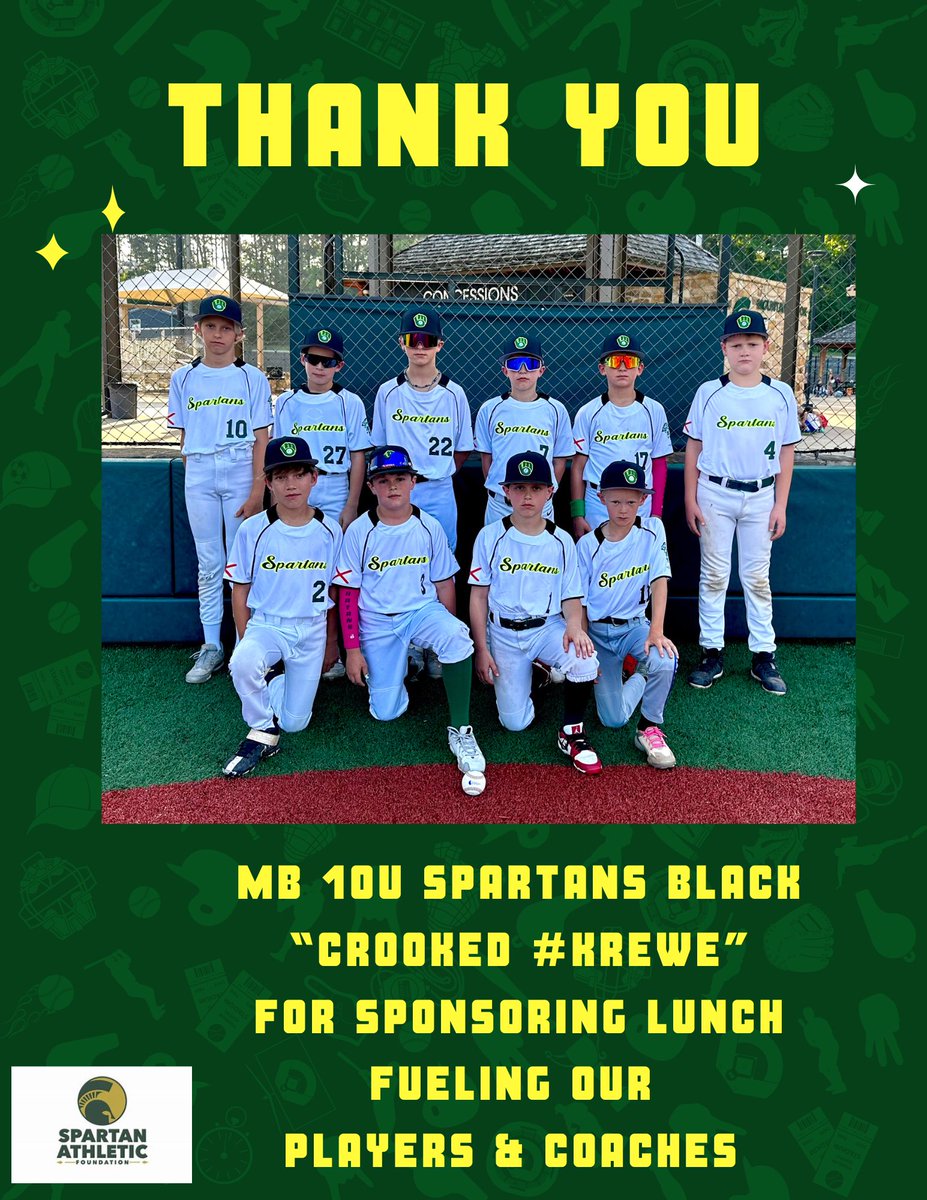 A special thank you to our 4th grade MB 10u Spartans Black “ Crooked # Krewe” for paying &amp; sending lunch.  Their uniform proceeds from the SAF Swag Shack paid for lunch for the players &amp; coaches 
Visit Safswagshack.com. MB Crooked # Krewe for supporting the baseball team