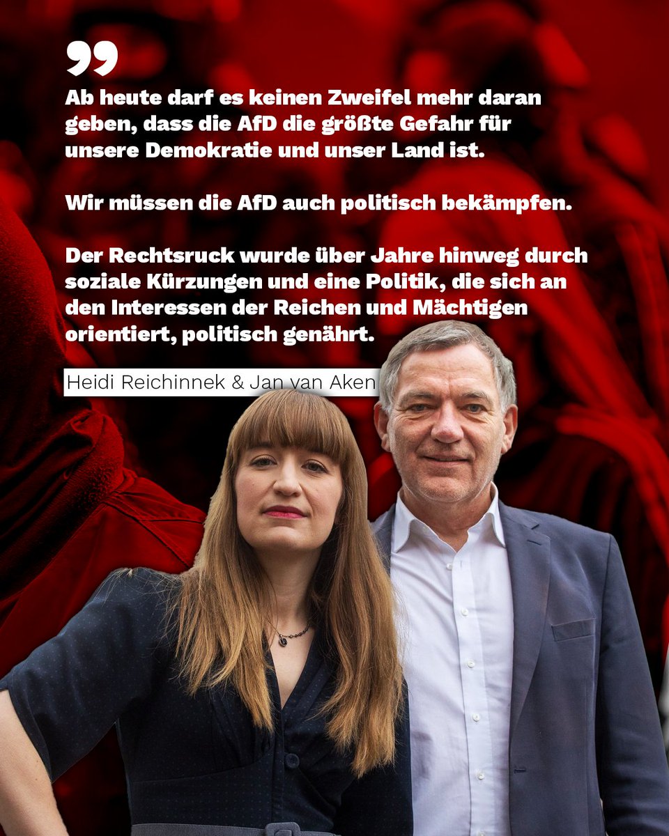 Die AfD ist jetzt offiziell eine gesichert rechtsextreme Partei und eine existenzielle Bedrohung für die Demokratie.

Wir kämpfen mit aller Entschlossenheit gegen den Rechtsruck und für eine Gesellschaft mit bezahlbaren Mieten und Supermarktpreisen, damit alle in Sicherheit leben