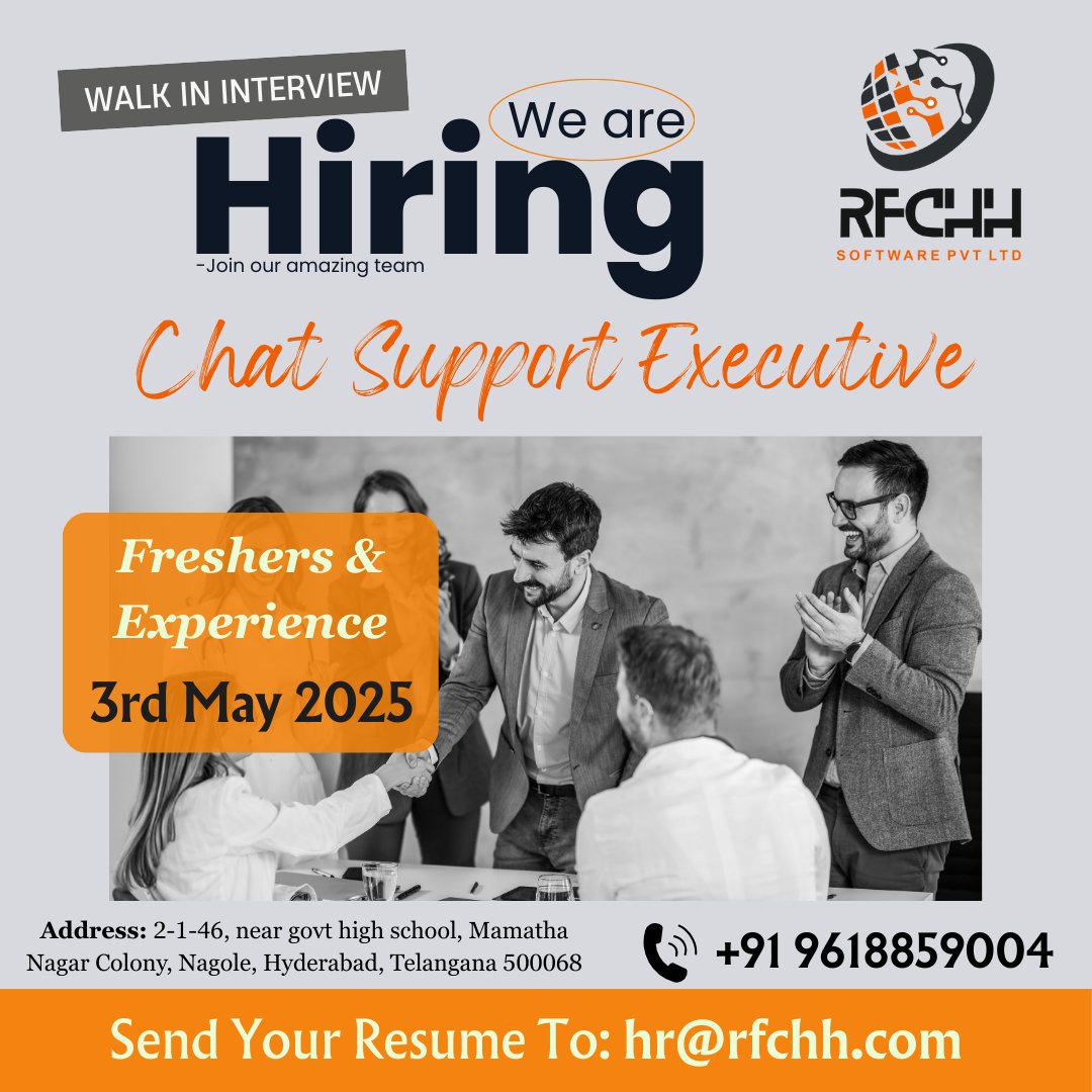 rfchhsoftware's tweet image. 📢 We’re Hiring – Walk-in Interview Alert! Join RFCHH Software Pvt Ltd as a Chat Support Executive!
📆 Date: 3rd May 2025
📍 Location: Nagole Hyderabad
📩 hr@rfchh.com
📞 +91 9618859004

#RFCHHSOFTWARE #RFCHHHiRING #WeAreHiring #JobAlert #HyderabadJobs #WalkInInterview #jobfairy