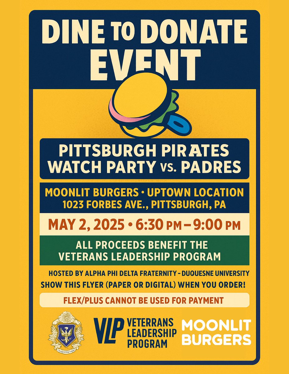 In need of a dinner idea tonight?  Check out the menu at @MoonLit Burgers on Forbes Avenue as our friends with the Alpha Phi Delta Fraternity - Duquesne University are hosting a Dine to Donate Event where VLP receives the proceeds!! 🍽🍔

#WeAreVLP