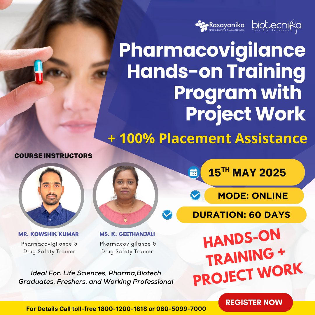 biotecnika's tweet image. 💊 Launch Your Career in Pharmacovigilance with Biotecnika

🗓 Starts May 15, 2025

📌 Seats Filling Fast – Apply Now: btnk.org/PV-training-pr…

💬 Talk to a PV Expert: btnk.org/contact-PV-Exp…

🖥 100% Online | 🕒 60 Days

#Pharmacovigilance #PVTraining #BioJobs #LifeScienceCareer