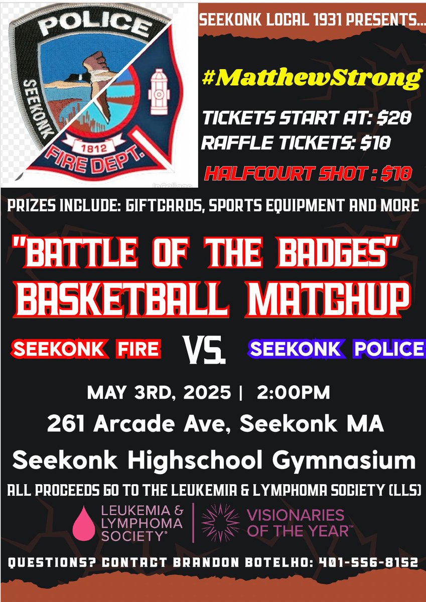 This Saturday - <a href="/SeekonkPD/">Seekonk Police Dept.</a> vs. <a href="/SeekonkIAFF1931/">SeekonkLocal1931</a> 
#SeekonkMA