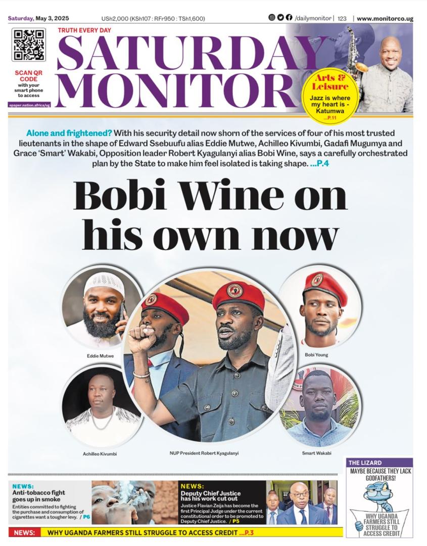 Alone and frightened? 
With his security detail now shorn of the services of four of his most trusted lieutenants in the shape of Edward Ssebuufu alias <a href="/eddie_mutwe/">Eddie Mutwe</a>, Achilleo Kivumbi, Gadafi Mugumya and Grace ‘Smart’ Wakabi, Opposition leader Robert Kyagulanyi alias <a href="/HEBobiwine/">BOBI WINE</a>,