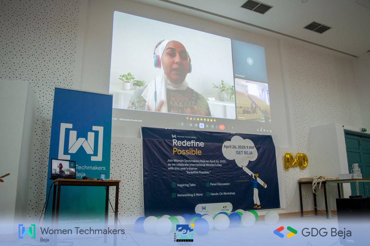 Thank you @DorraMlouhi for joining " IWD 2025 - Redefine Possible" remotely and still delivering a high-impact talk ... 
Your insights as a Product Lead at <a href="/awscloud/">Amazon Web Services</a> truly inspired us. 🌍
#IWD2025 #WomenInTech #GDGBEJA
