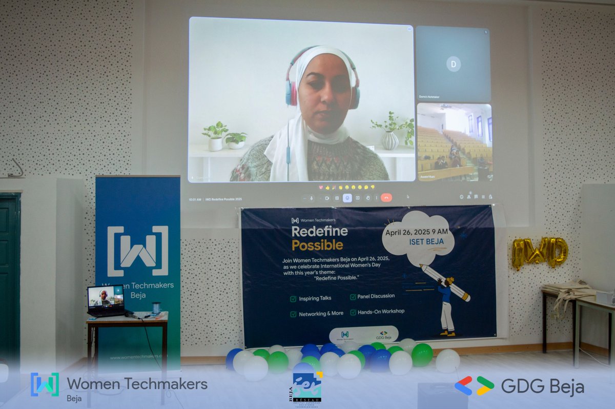 GDGBeja's tweet photo. Thank you @DorraMlouhi for joining " IWD 2025 - Redefine Possible" remotely and still delivering a high-impact talk ... 
Your insights as a Product Lead at @awscloud truly inspired us. 🌍
#IWD2025 #WomenInTech #GDGBEJA https://t.co/j7SxHSMzdx