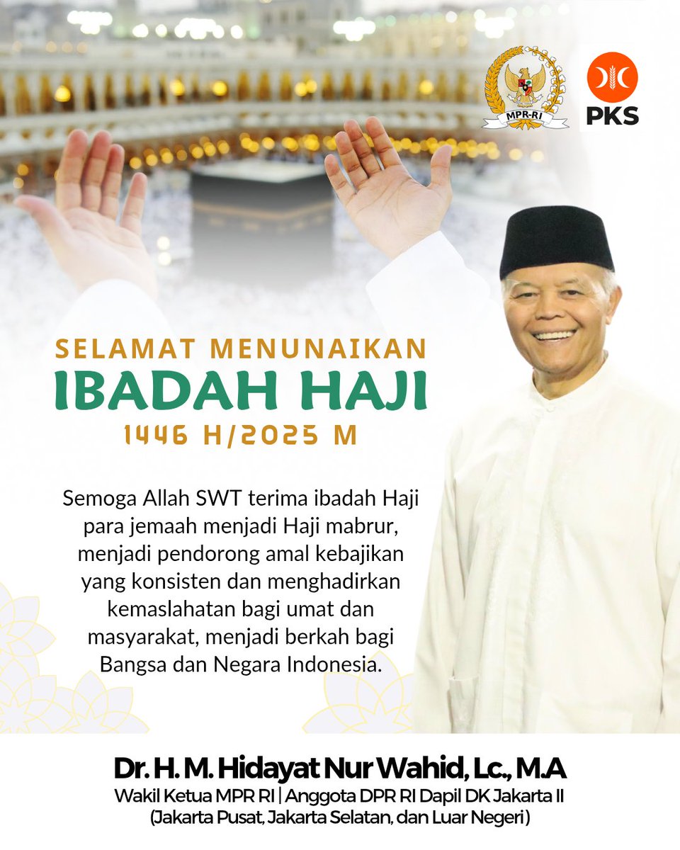 Selamat Menunaikan IBADAH HAJI 1446 H/2025 M

Semoga Allah SWT terima ibadah Haji para jemaah menjadi Haji mabrur, menjadi pendorong amal kebajikan yang konsisten dan menghadirkan kemaslahatan bagi umat dan masyarakat, menjadi berkah bagi Bangsa dan Negara Indonesia.