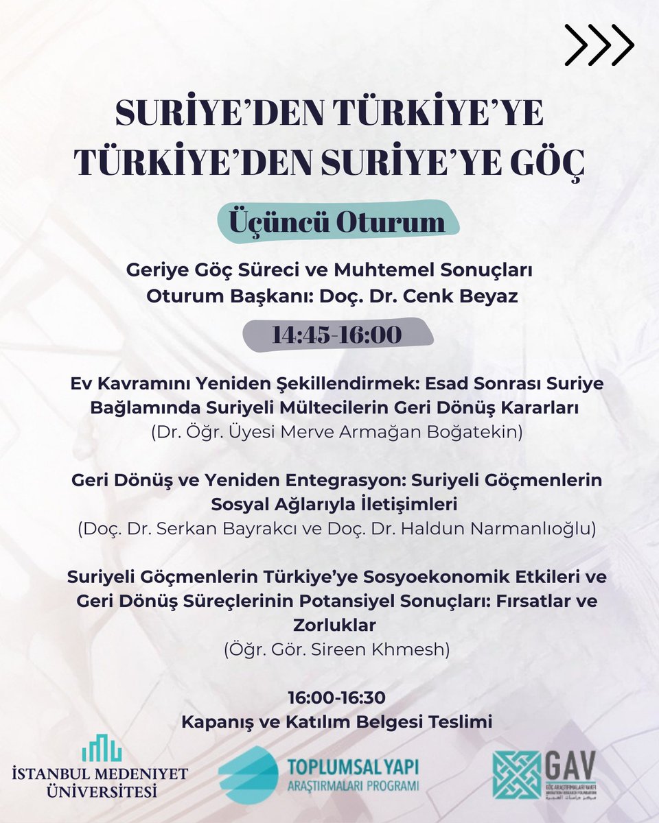 📢 8. TYAP Atölyesi: "Suriye’den Türkiye’ye, Türkiye’den Suriye’ye Göç" 

📅 7 Mayıs 2025, Çarşamba
🕙 10.00-16.30
📍 İstanbul Medeniyet Üniversitesi, Ziraat Bankası Kütüphanesi Hasan Polatkan Konferans Salonu

İstanbul Medeniyet Üniversitesi Toplumsal Yapı Araştırmaları