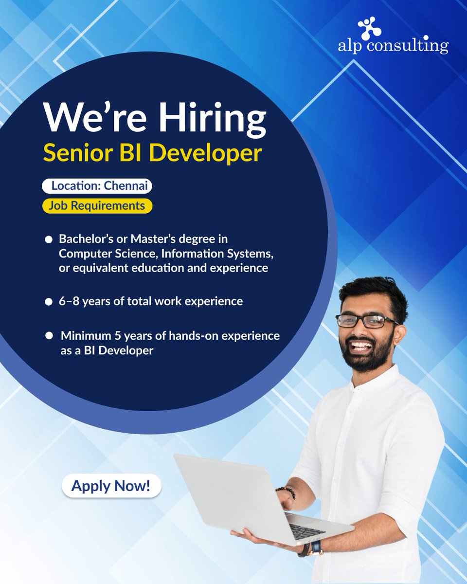 Alp_Corporate's tweet image. We're hiring!
In case you fit the criteria and would like to apply, please share your CV at careers@alpconsulting.
Apply today or share this post with your network.
#HiringNow #BIDeveloper #SeniorBIDeveloper #ChennaiJobs #ITJobs #BusinessIntelligence #JobOpening #ApplyNow…