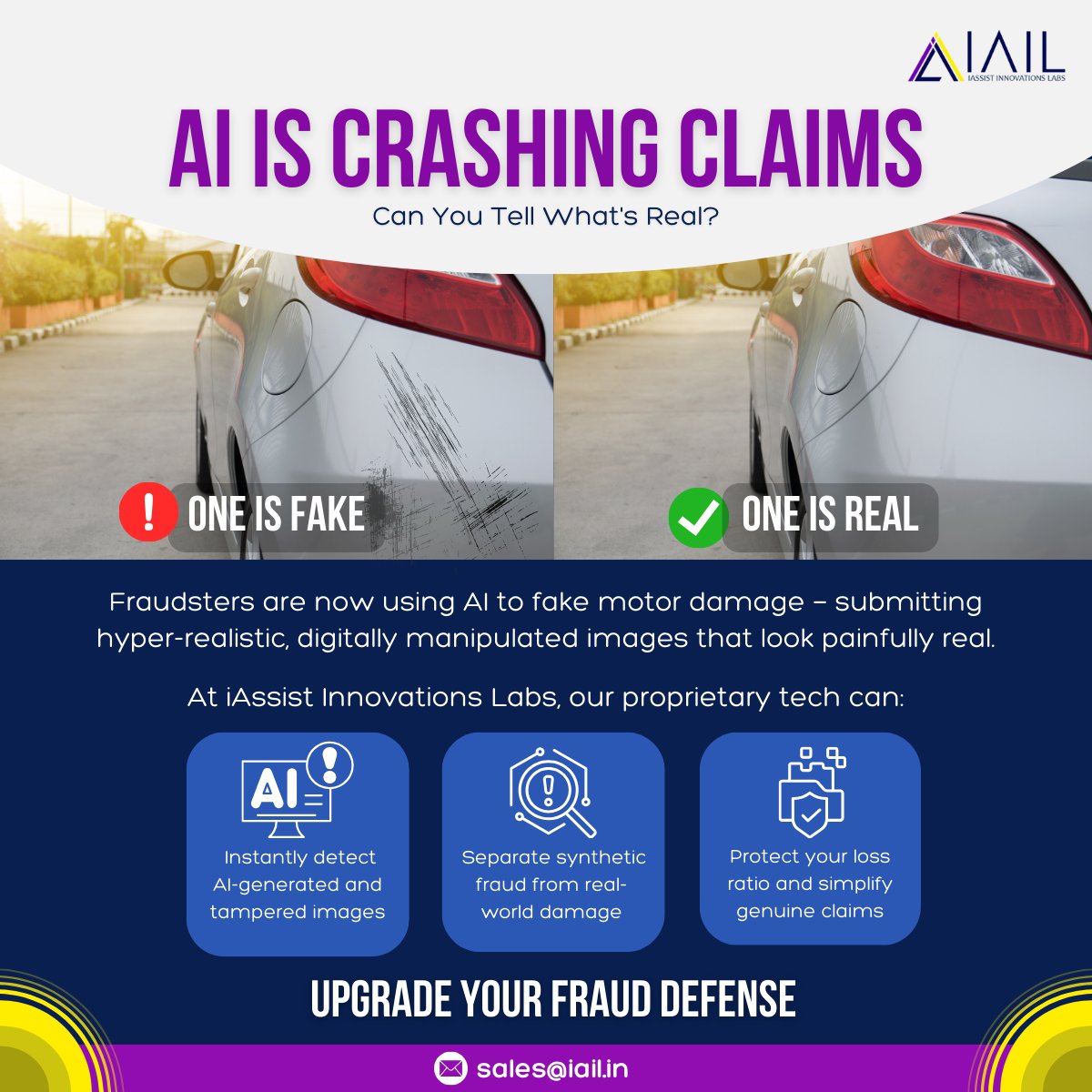 IassistL's tweet image. 🚨 Can you spot the fake accident?

 AI-generated damage images are slipping through the cracks — and costing insurers millions.

Fraudsters now use hyper-realistic, AI-tampered photos to fake motor claims. Most systems can’t tell.

But we can.