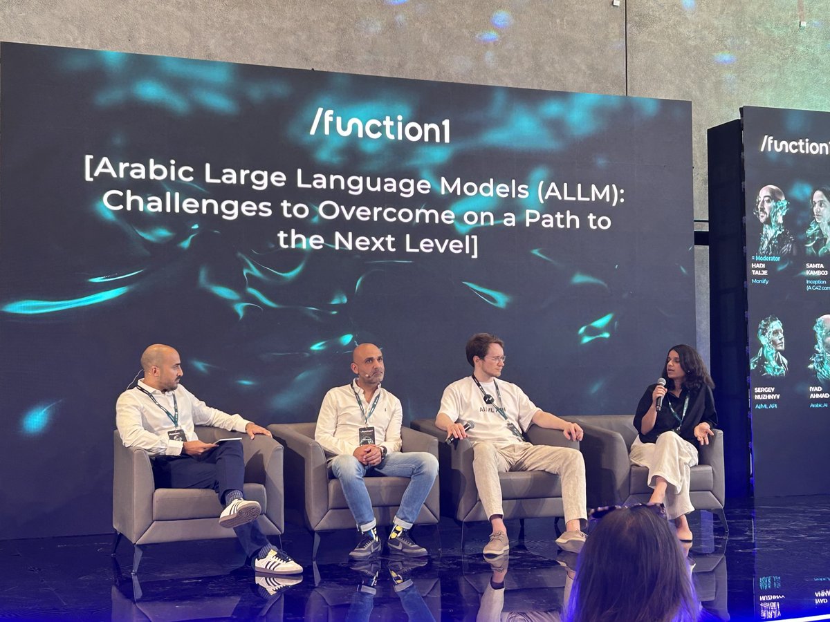 MoniifyBusiness's tweet photo. Our very own @hadi_taljeh leads a compelling panel on Arabic AI—exploring the language’s rich complexity, diverse dialects, and why building an Arabic Large Language Model requires more than adapting an English one. #function1 #ALLM #AImodels #ArabicAI #MENA https://t.co/J6QAobekw2