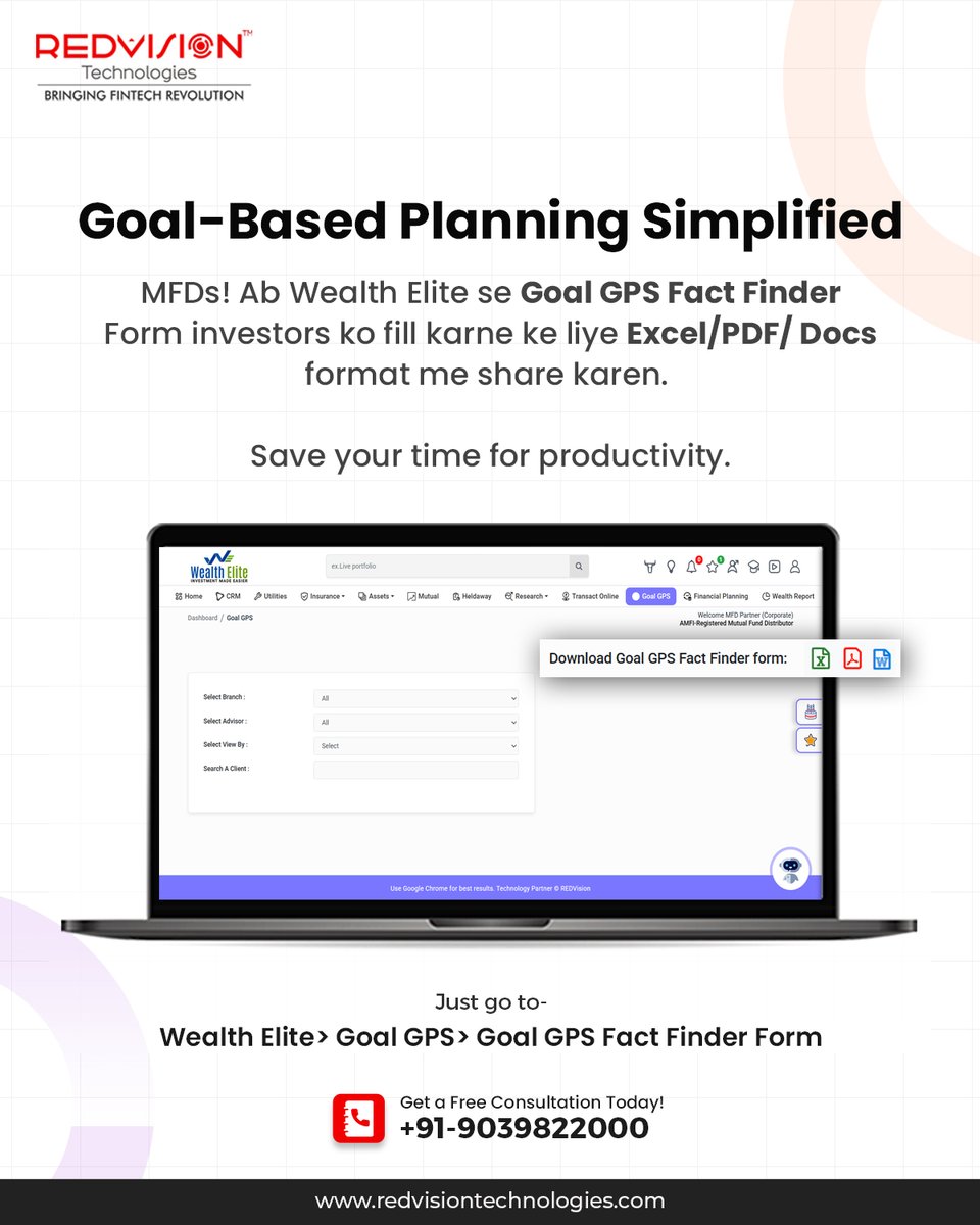 redvisionindore's tweet image. MFDs, simplify goal-based planning! Share, collect, and analyze investor details effortlessly with the Goal GPS Fact Finder Form.

Enquire More!
call +91 9039822000.
Visit: Visit: wealthelite.in

#REDVisionTechnologies #WealthElite #MutualFundSoftware #BackOfficeSoftware