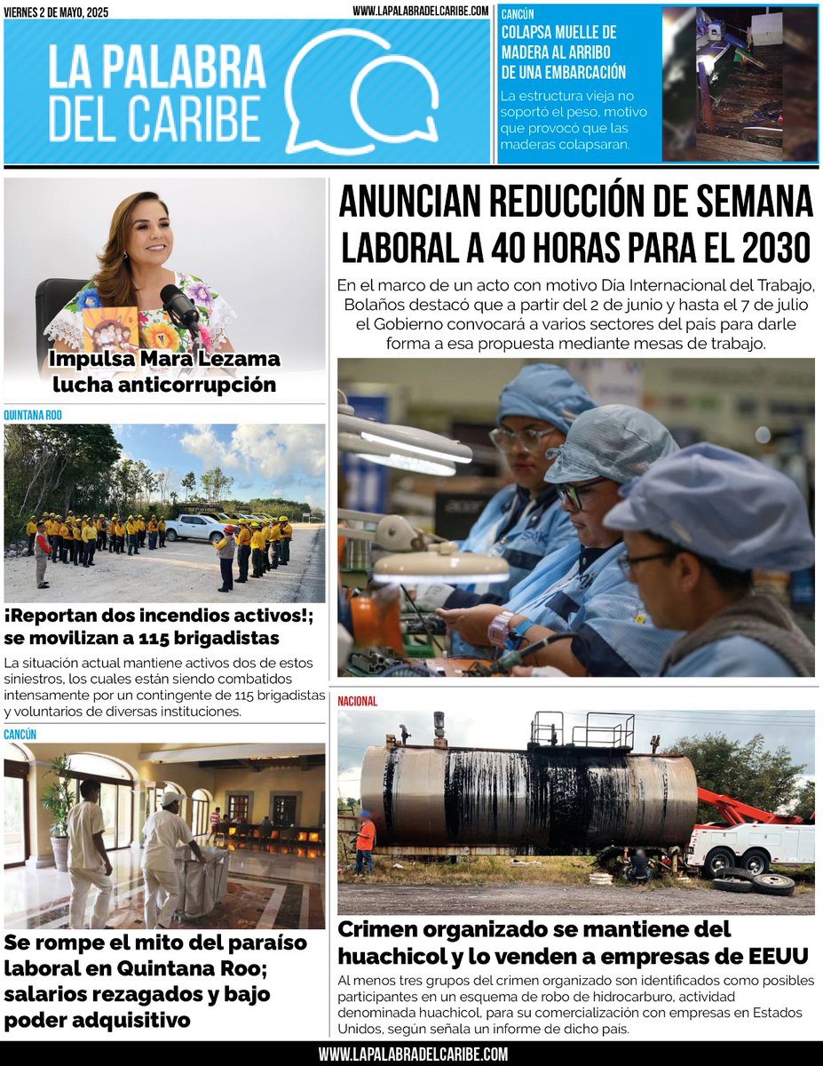 *[NACIONAL]* Anuncian reducción de semana laboral a 40 horas para el 2030: is.gd/0pNHV2
---------
*[NACIONAL]* Crimen organizado se mantiene del huachicol y lo venden a empresas de EEUU, señala FinCEN: is.gd/7ZGMGg
---------
*[QROO]* Quintana Roo impulsa