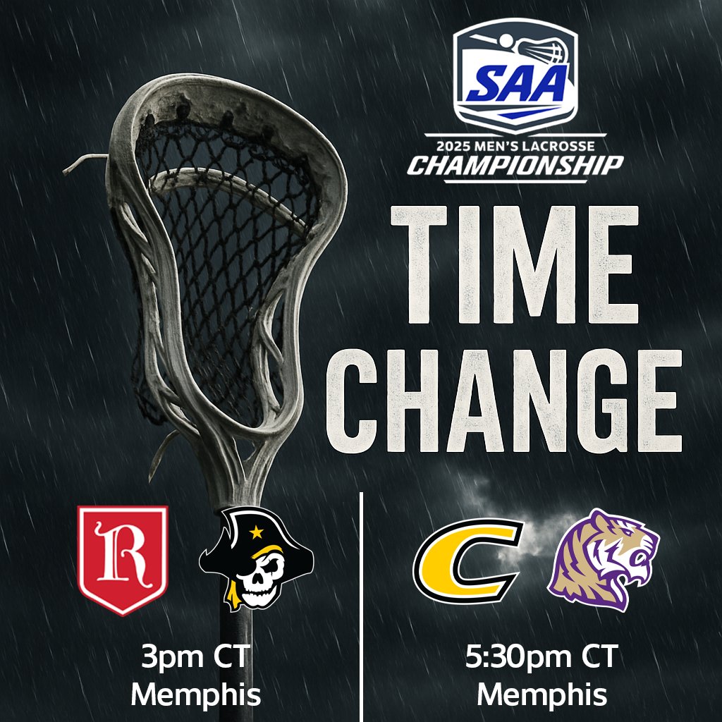 🚨TIME CHANGE🚨 Due to the threat of inclement weather Friday night in Memphis, there is a schedule change for the SAA Men's Lacrosse Championship Semifinals:
Rhodes vs. Southwestern - 3pm CT
Centre vs. Sewanee - 5pm CT

Championship Central: ow.ly/UQRi50VLVuV